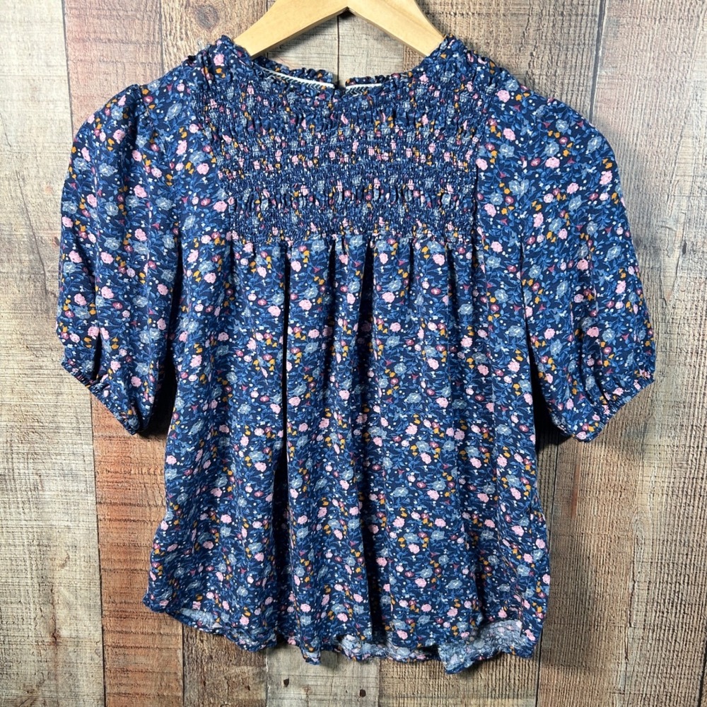Knox Rose Blue Floral Smocked Puff Sleeve Peasant Blouse Top XS Boho Summer